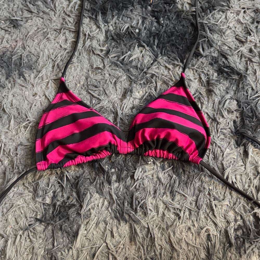Pink and Black Striped Bikini Top